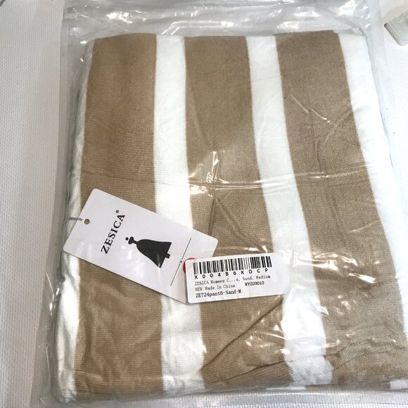 Comfy High Waist Wide Leg Knit Lounge Pants Tan White Striped Women M - Picture 14 of 14